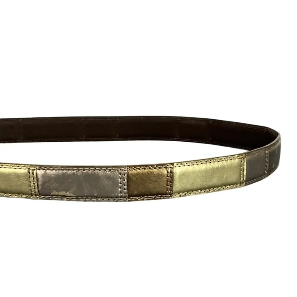 Fossil Genuine Leather Vintage 90s Gold Bronze Patchwork Belt Women 35.5” -39.5”